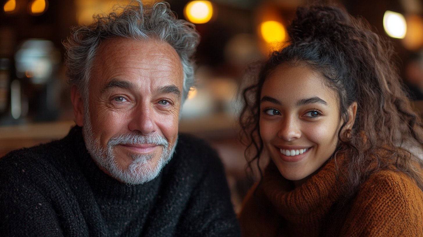 A thoughtful older man mentors a younger woman in a cozy coffee shop.