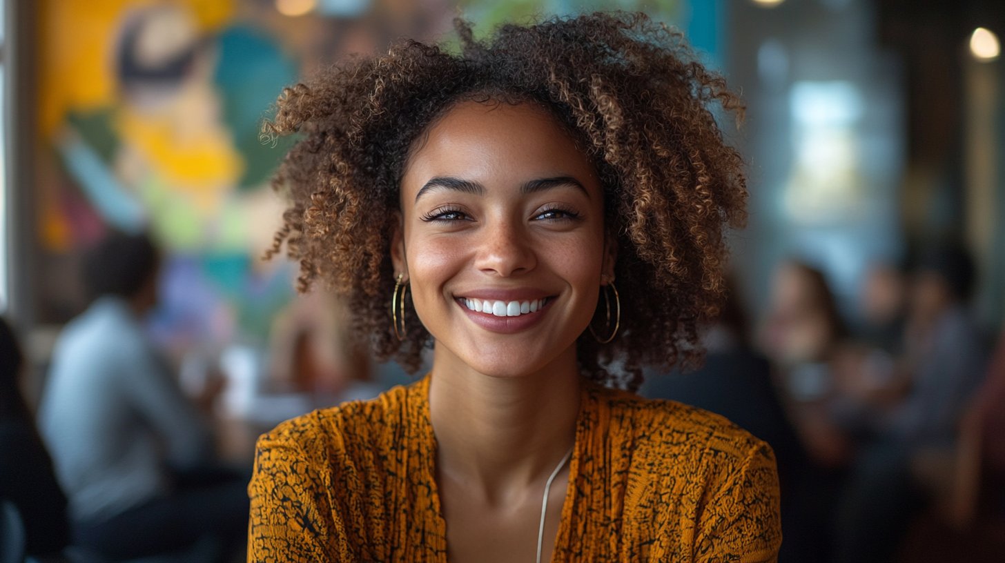 A diverse group of friends celebrates at a vibrant city festival.