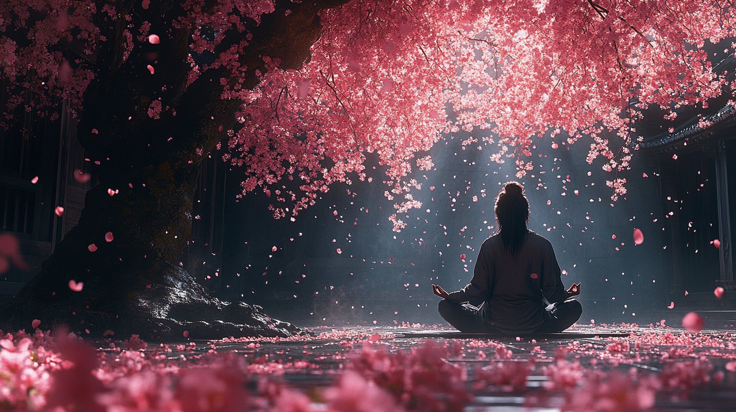 A person meditates peacefully under a cherry blossom tree.