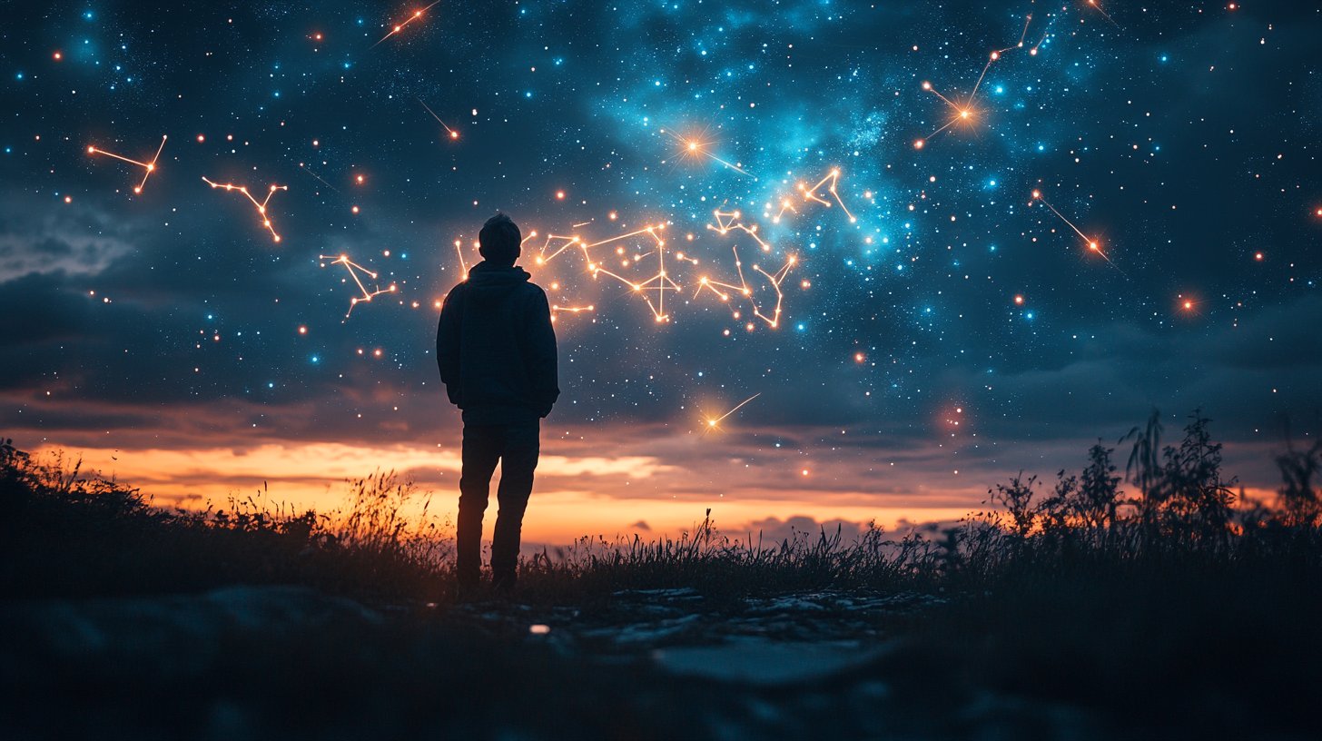 A starry night sky with a person gazing up.