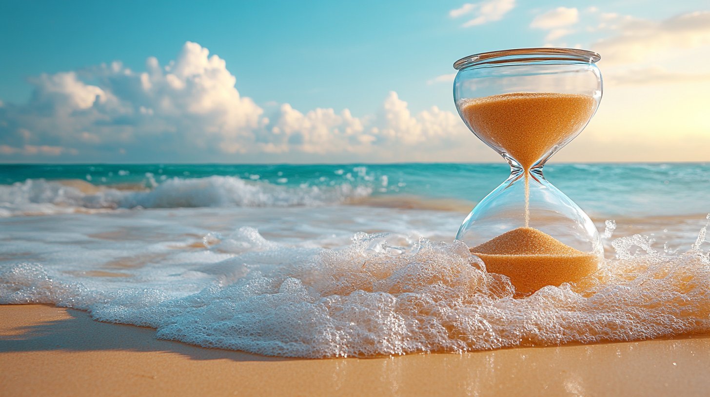 A tranquil hourglass on the beach symbolizes patience in relationships.