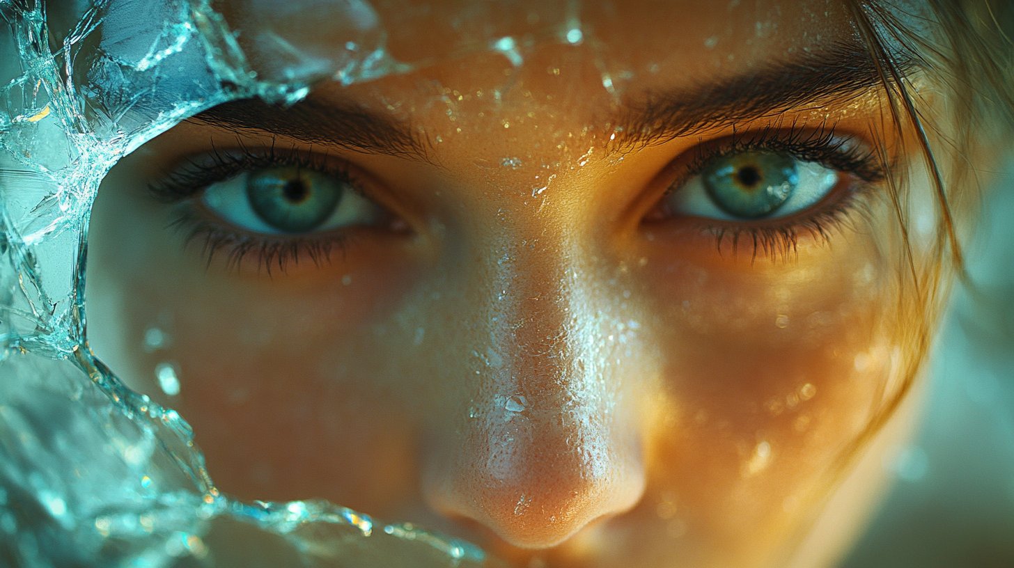 Close-up of a person looking through shattered glass revealing fragmented truths.