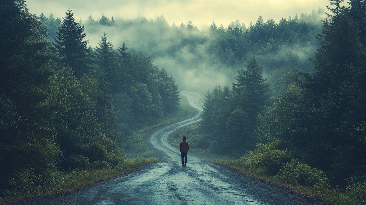 A person at a forest crossroads contemplating self-care choices.