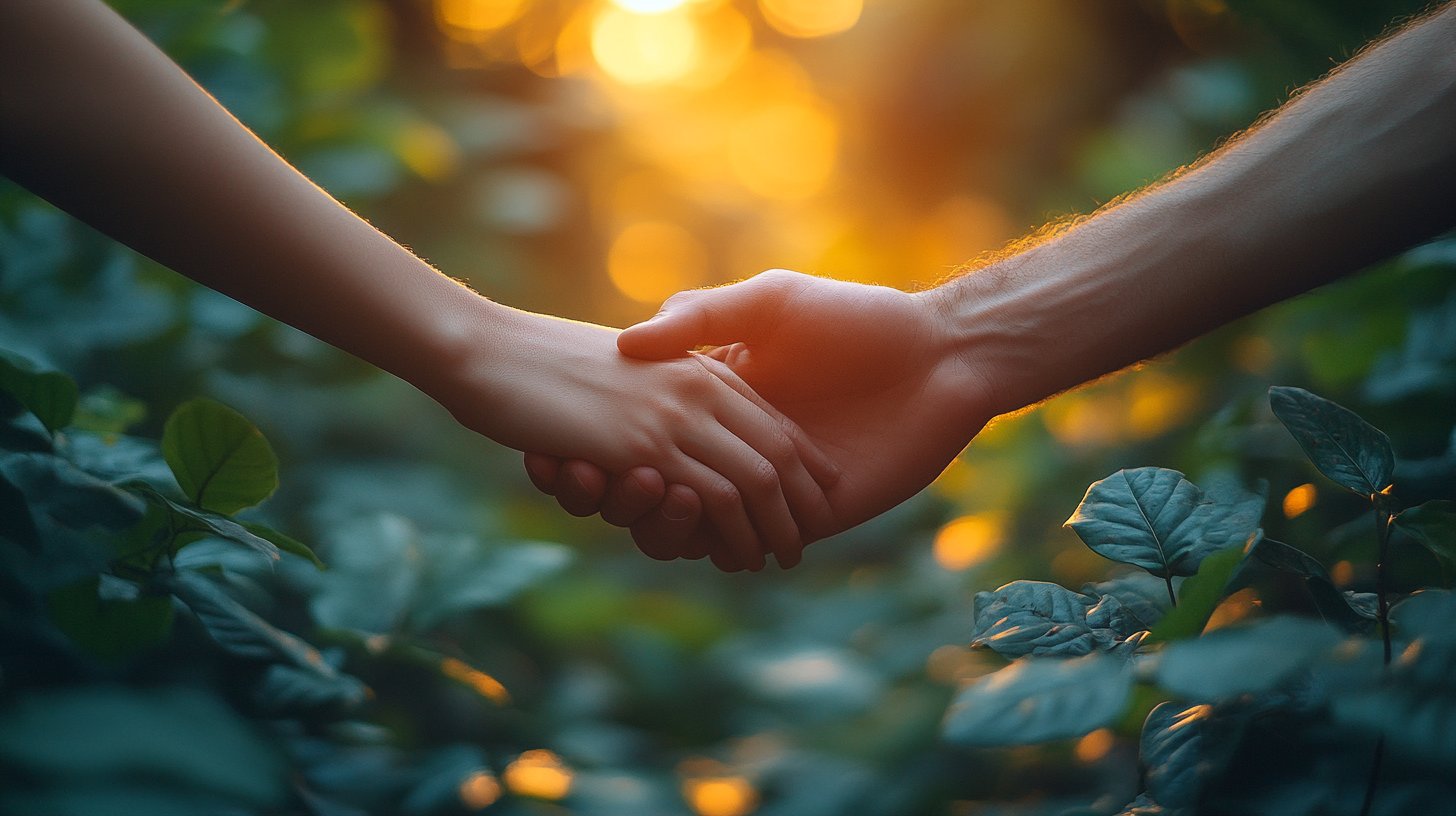 Des mains se tiennent fermement et doucement dans la nature.
