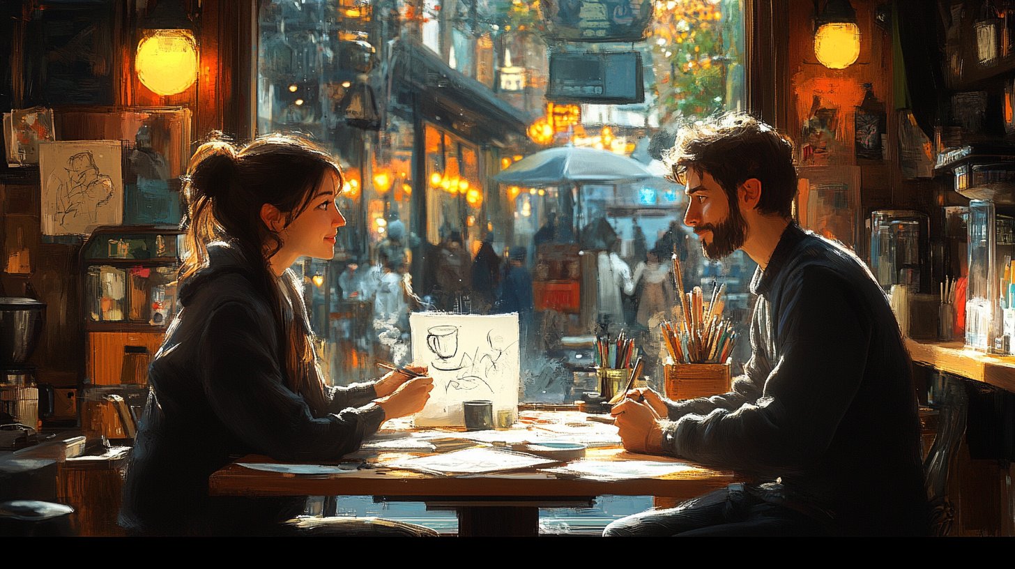 Ein gemütliches Café, in dem Freunde über Kunst hinweg verbunden sind.