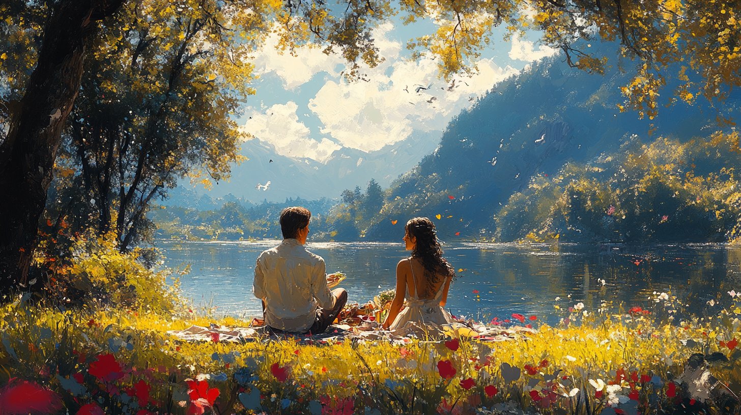 Ein Paar genießt ein Picknick im Sonnenlicht, umgeben von Lachen und Natur.