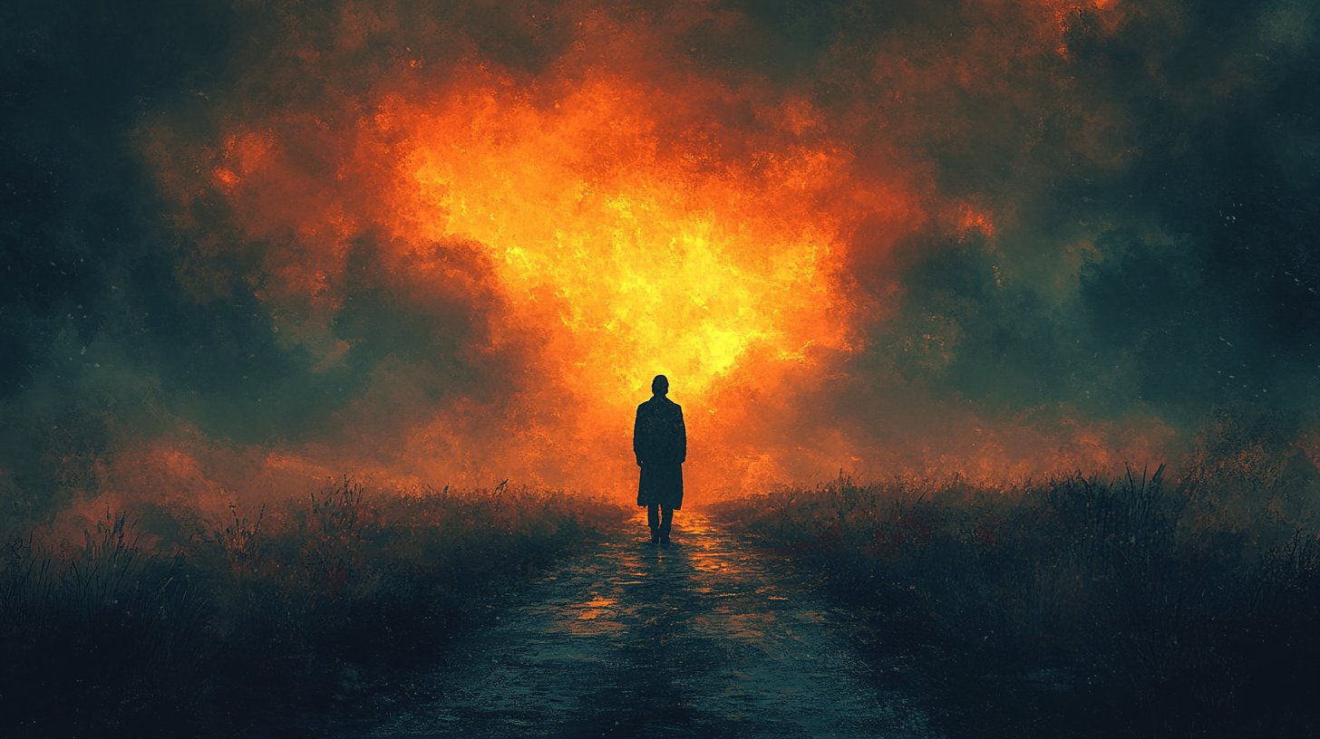 Una figura en una encrucijada, dudosa con siluetas sombrías.