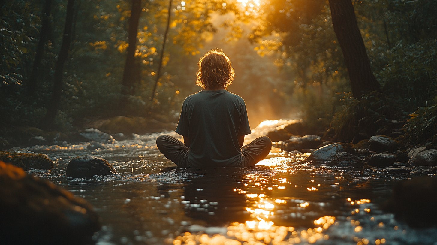 Un individuo se sienta en paz en la naturaleza, reflexionando.