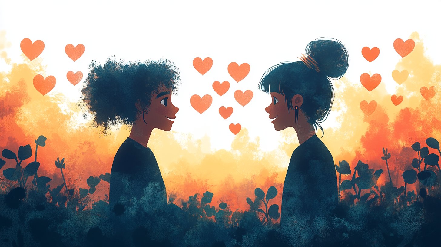 Dos figuras tienen un diálogo positivo rodeadas de símbolos de comunicación.