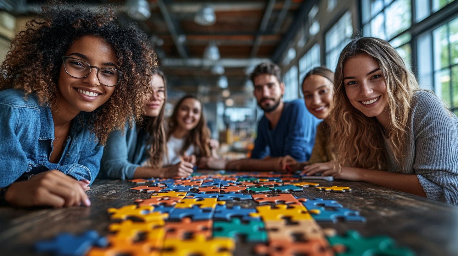 Un equipo diverso colabora en un rompecabezas para encontrar soluciones.