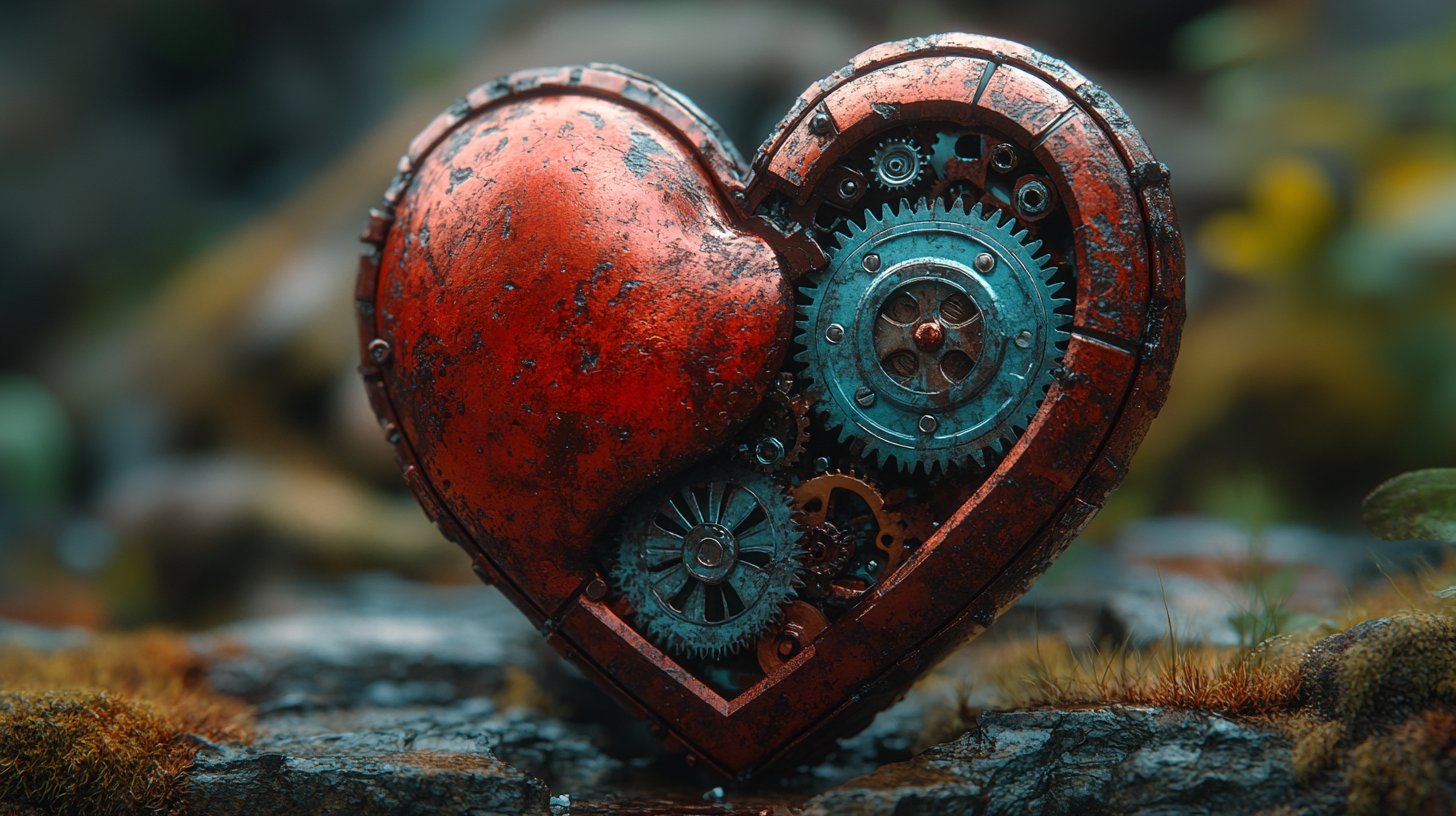 Un corazón abierto con engranajes simboliza emociones complejas.