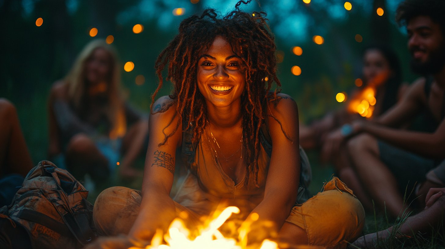 Two friends laughing together while hiking through a beautiful landscape.