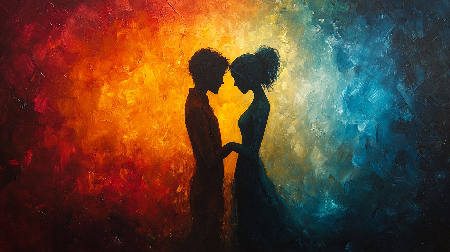 An artistic representation of two individuals embracing in harmony.