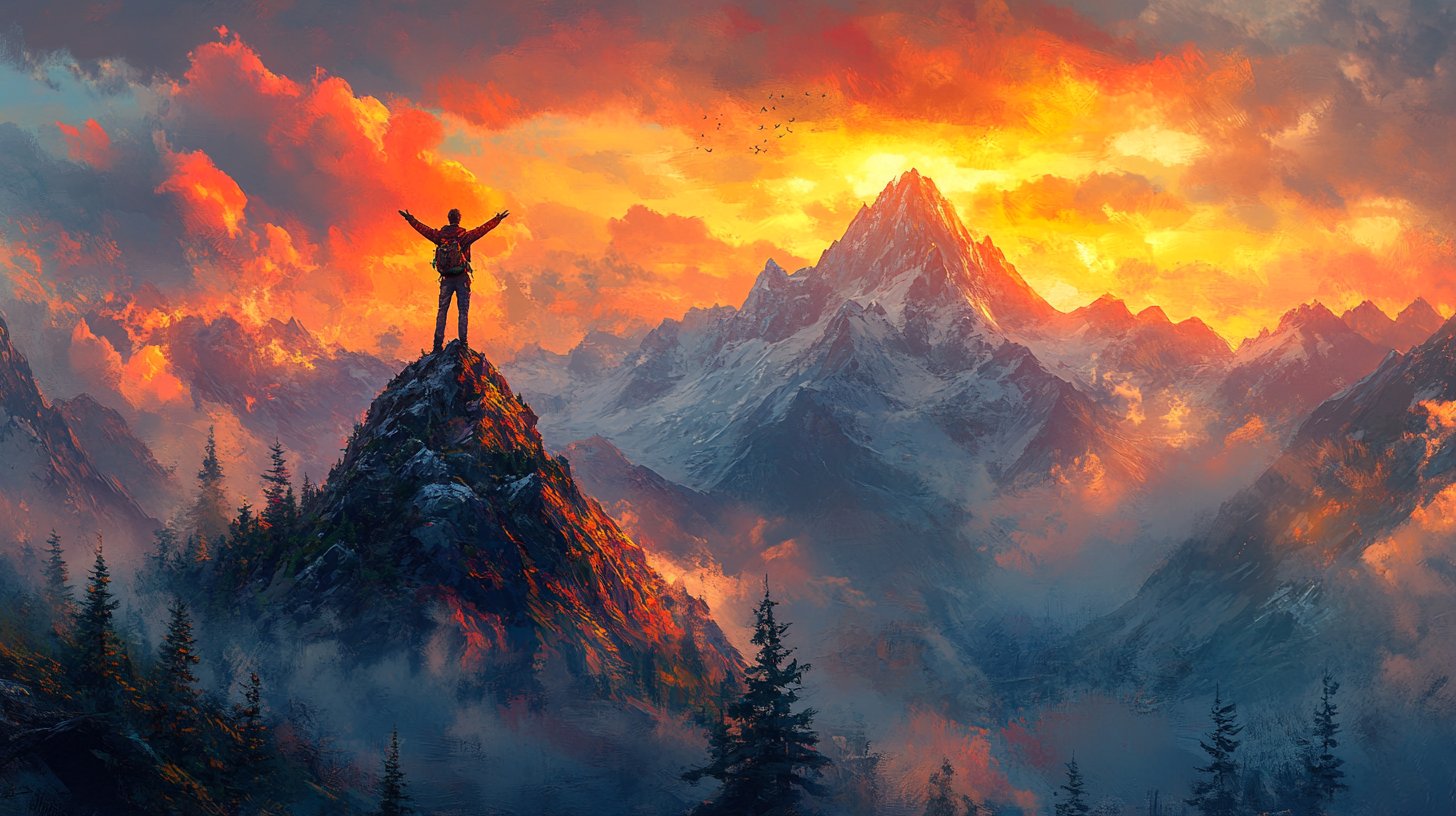 Eine Person auf einem Gipfel, die den Sieg feiert.