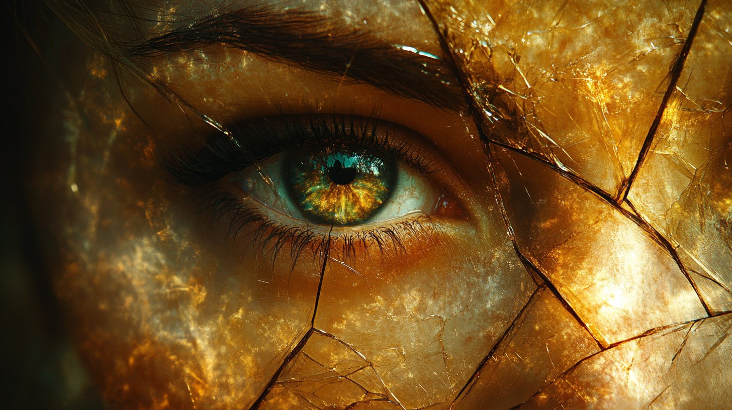 Fraktale Spiegel repräsentieren emotionale Kontrolle, dunkle Töne mit weichen Lichtern, die den Dualismus der Gefühle zeigen.