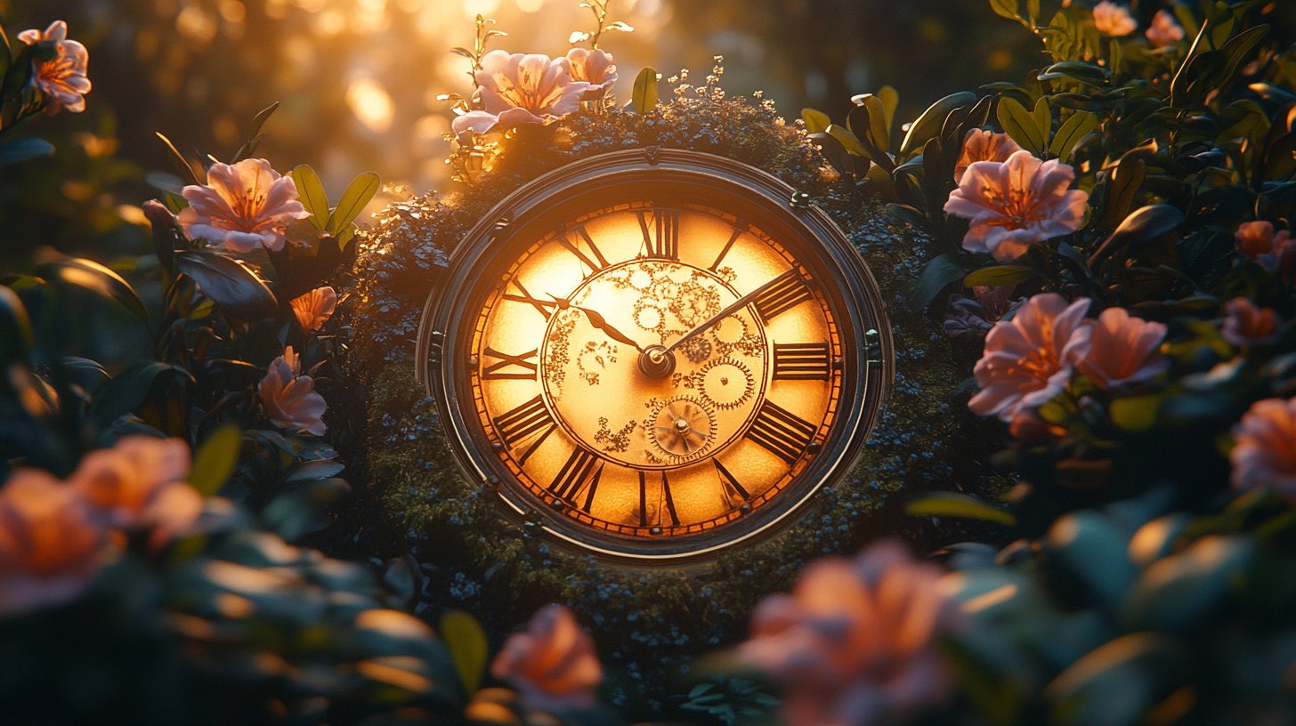 Eine Uhr, die mit der Natur verschmilzt, auf der Suche nach dem perfekten Moment der Liebe.