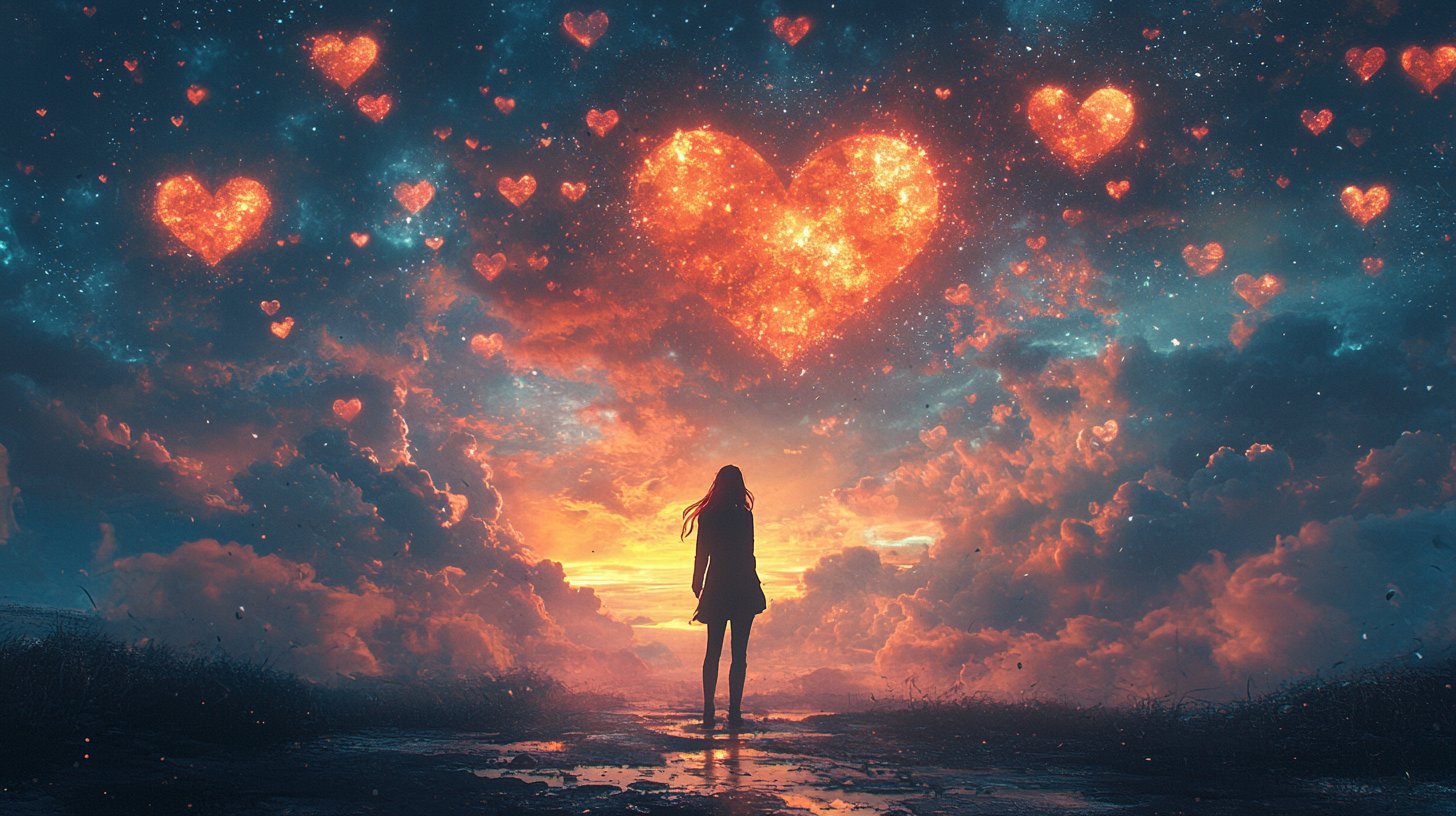 Eine Person an einer Kreuzung, überrascht von schwebenden Herzsymbolen über ihr.