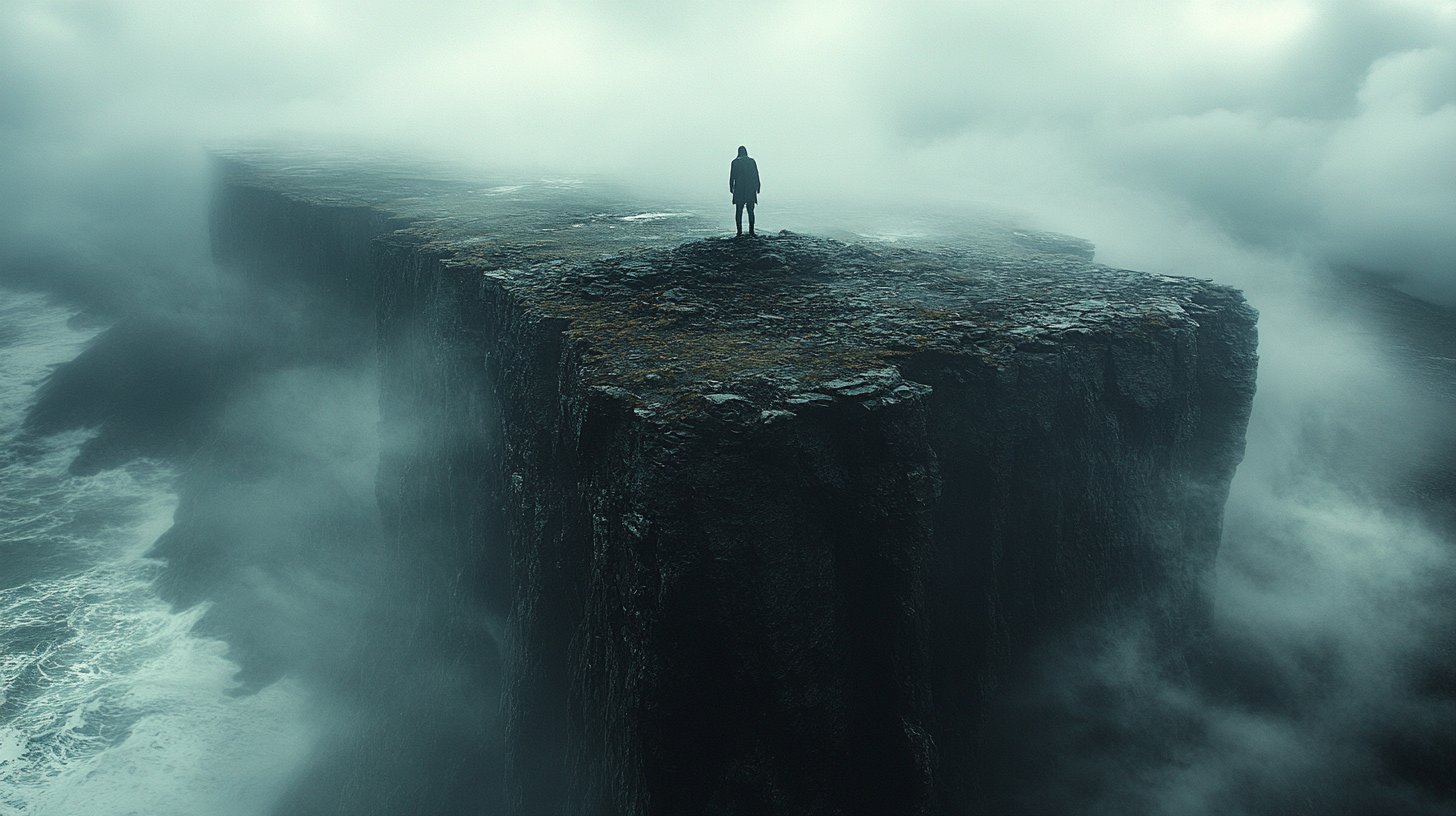 Eine Gestalt am Rand einer Klippe, umgeben von dunklen Wolken und stürmischen Wellen.