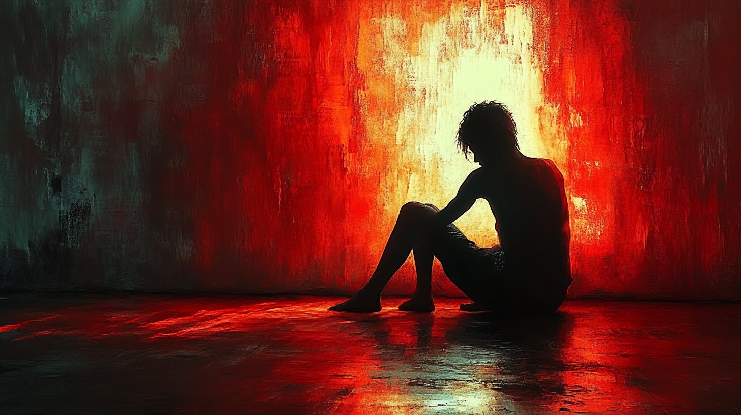 Eine Einzelperson, nachdenklich und in Schatten gehüllt, symbolisiert Selbstzweifel.