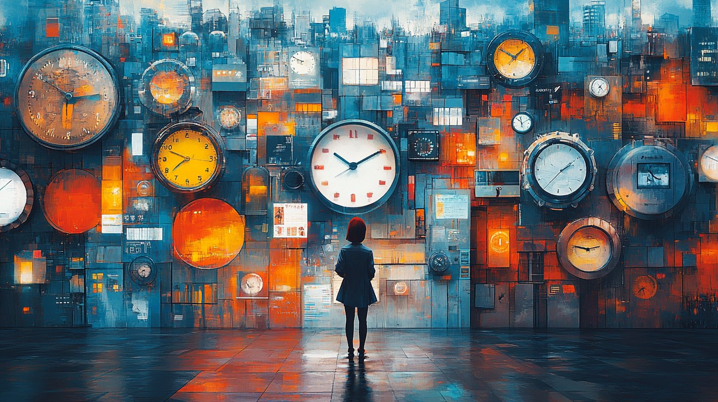 Eine geschäftige urbane Szenerie, die den Balanceakt zwischen Arbeit und Privatleben zeigt.