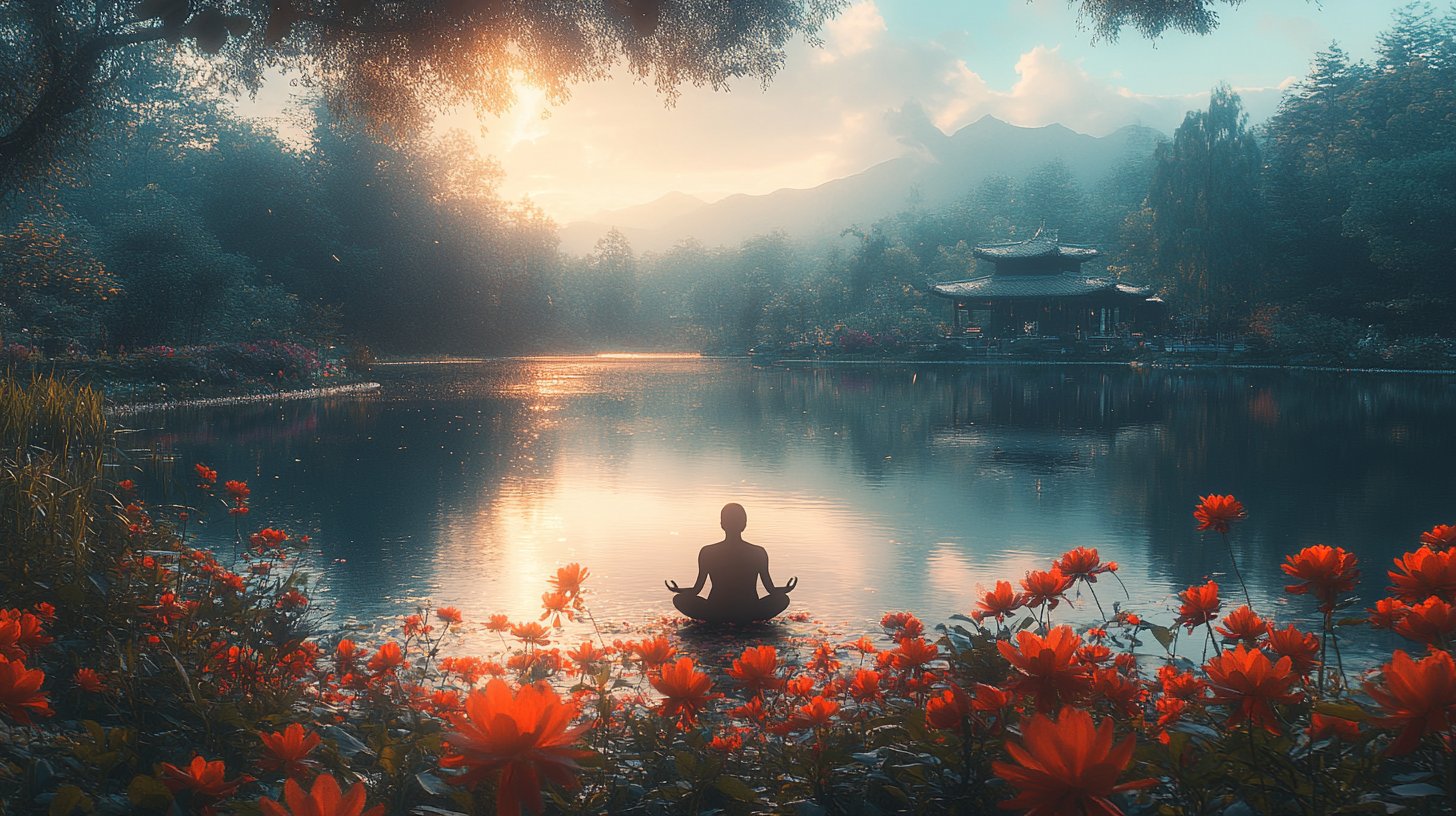Eine Person meditiert am ruhigen See, umgeben von blühenden Blumen.