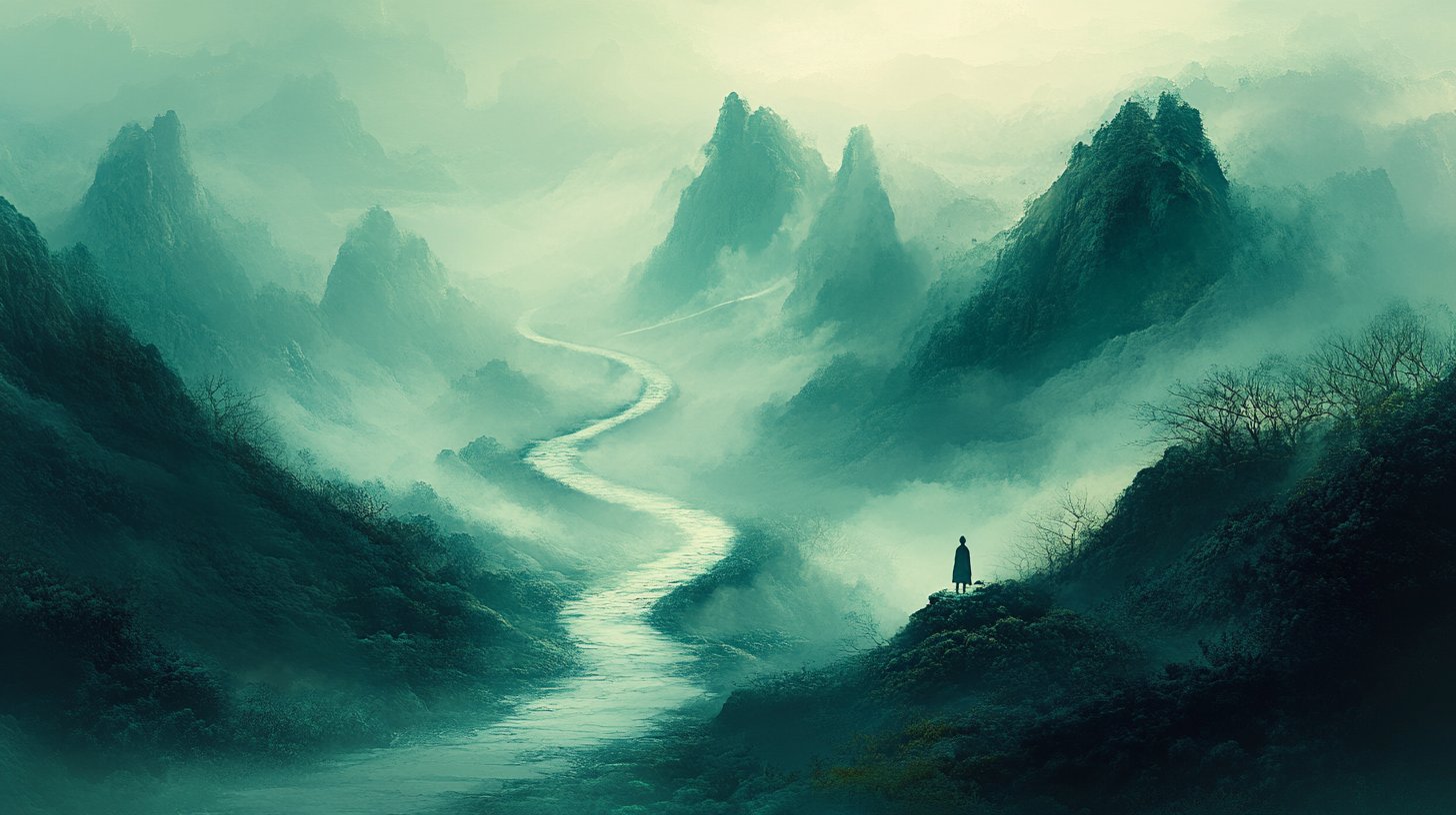 Eine menschenleere Landschaft mit einem gewundenen Weg durch neblige Hügel symbolisiert Ungewissheit.