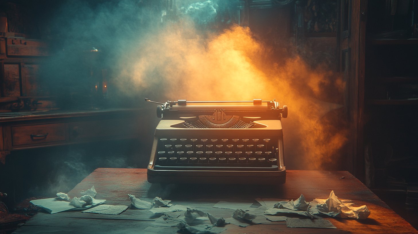 Ein leeres Schreibtisch mit einer staubigen Schreibmaschine und zerknüllten Papieren steht für ungesagte Gedanken.