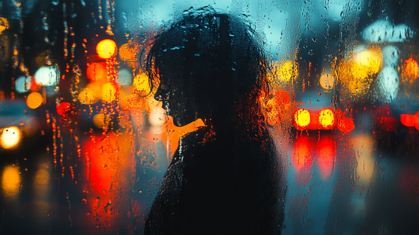 Una figura solitaria guarda fuori da una finestra bagnata dalla pioggia, colma di desiderio.