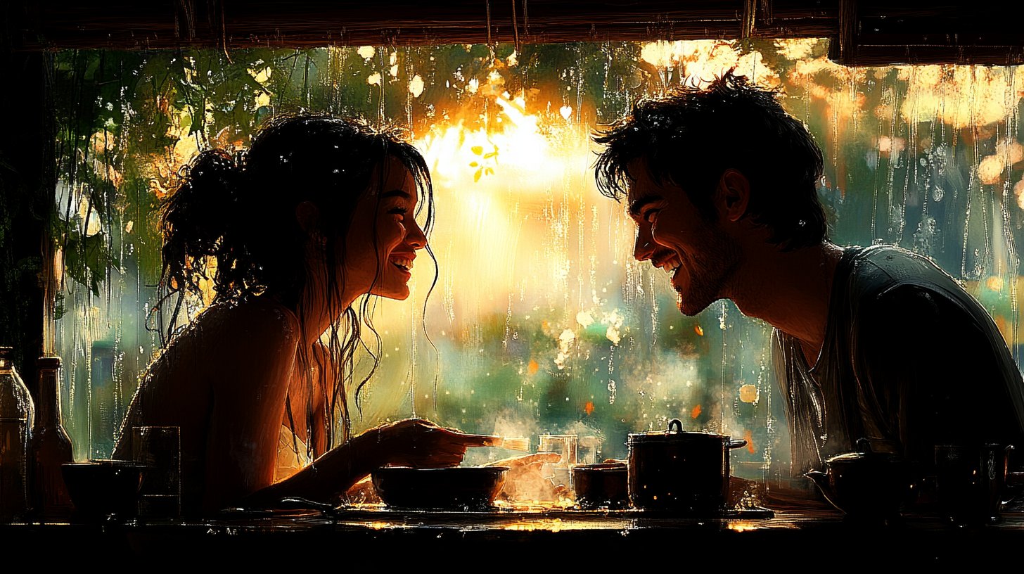 Una pareja comparte momentos felices mientras cocinan juntos.