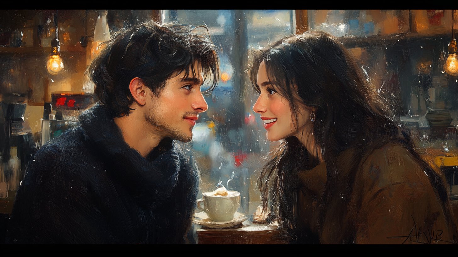 Una pareja tiene una conversación profunda en una cafetería.