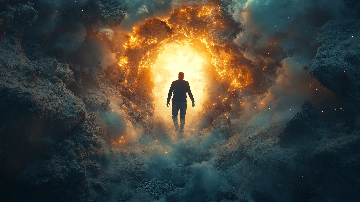 Eine Person bricht durch eine Mauer, symbolisiert Entschlossenheit und Aktion.