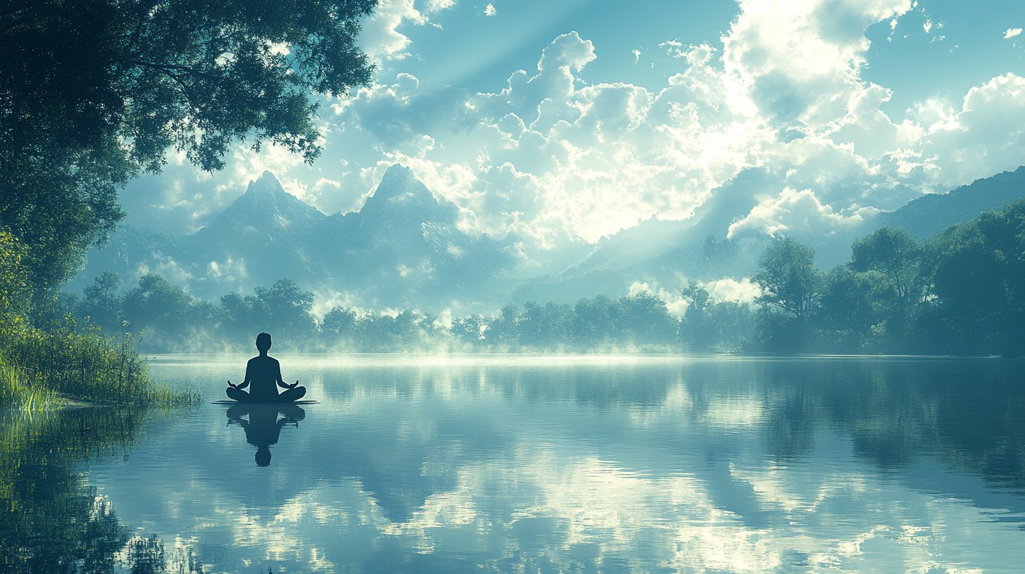Eine ruhige Landschaft mit einer Person, die am See meditiert und nachdenkt.