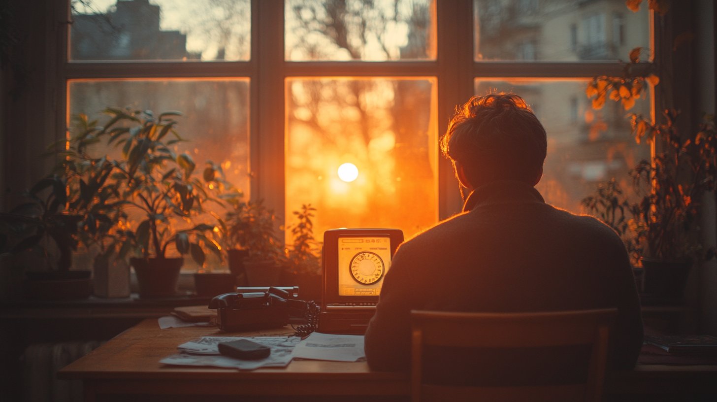 Telefono sfocato, uomo guarda fuori.