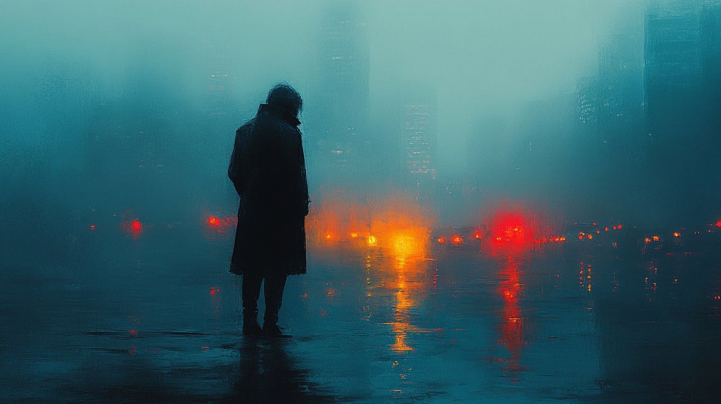 Figura solitaria in una strada nebbiosa.