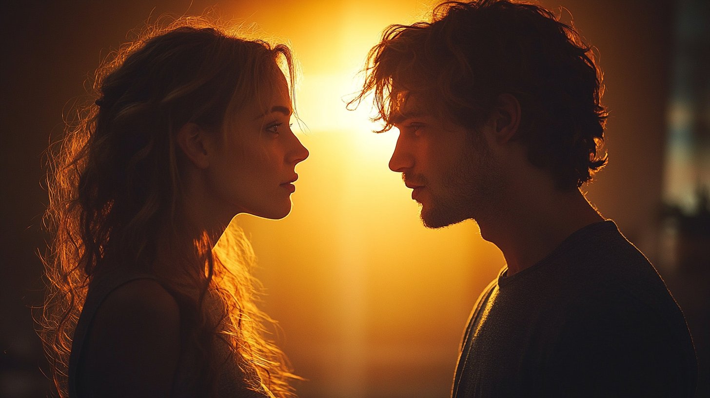 Una coppia ha una conversazione accesa, il loro linguaggio del corpo è teso.