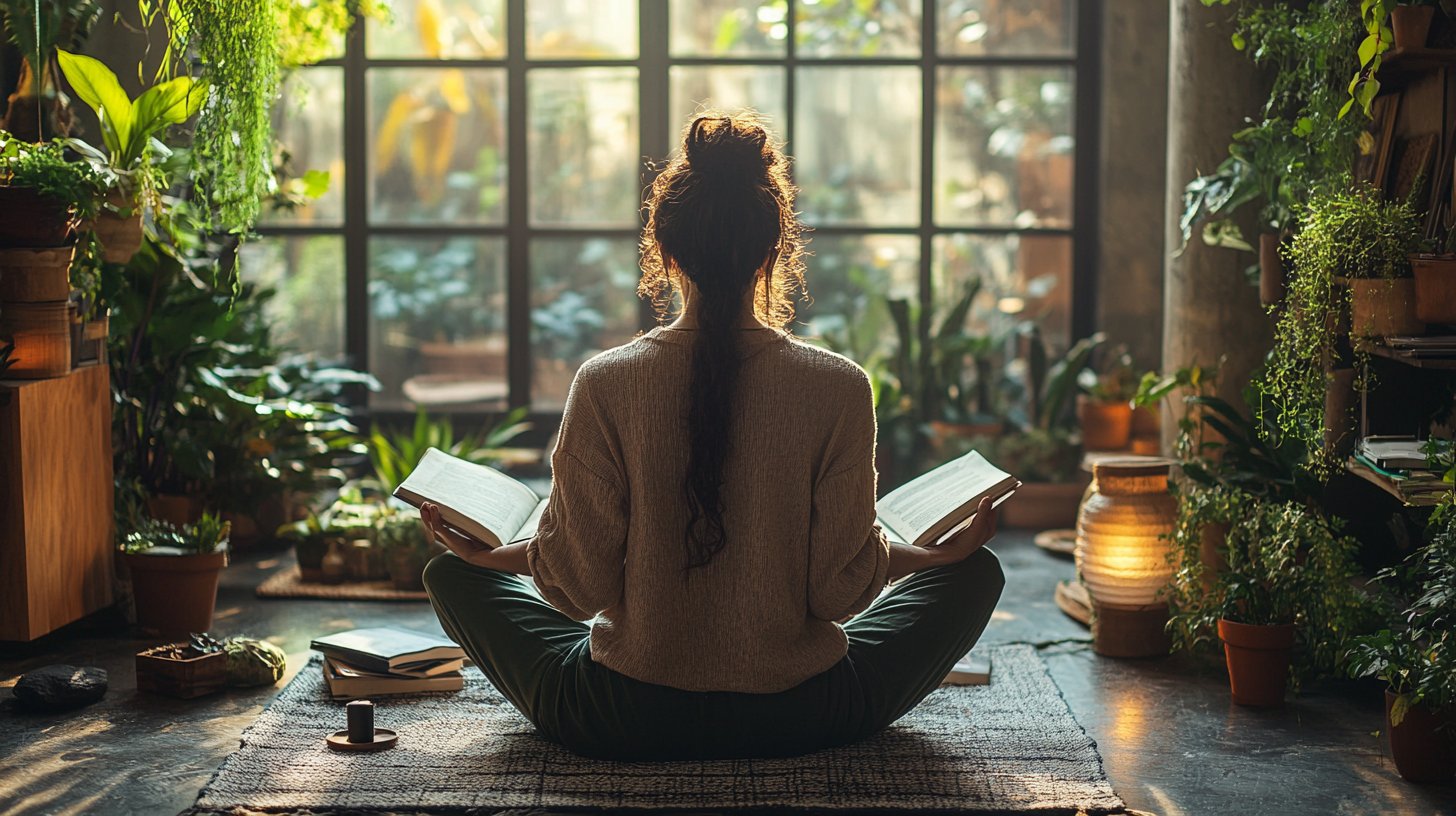 Un individuo che pratica l'auto-cura in uno spazio accogliente pieno di piante.