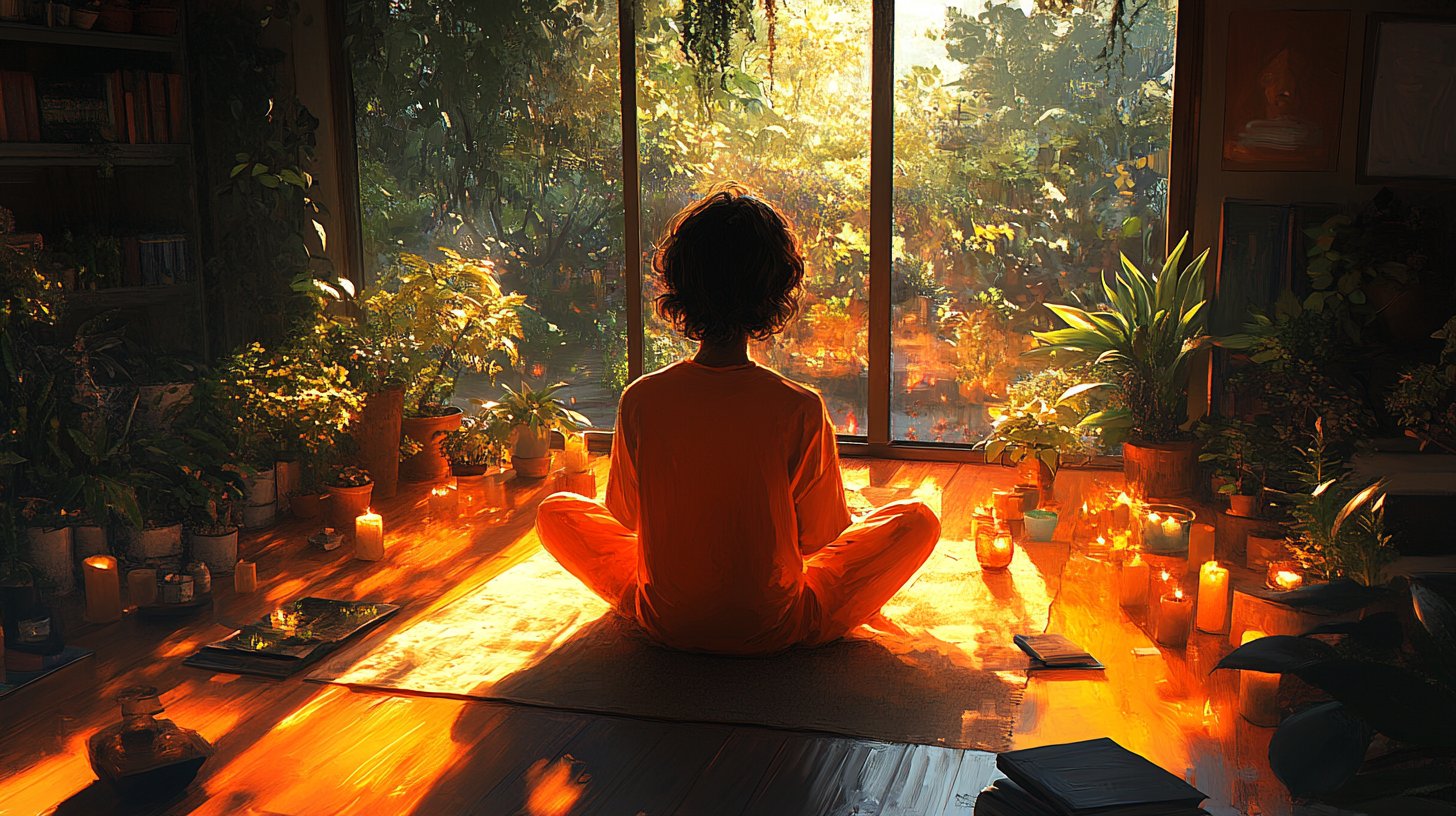 Cozy self-care routine with plants and candles.