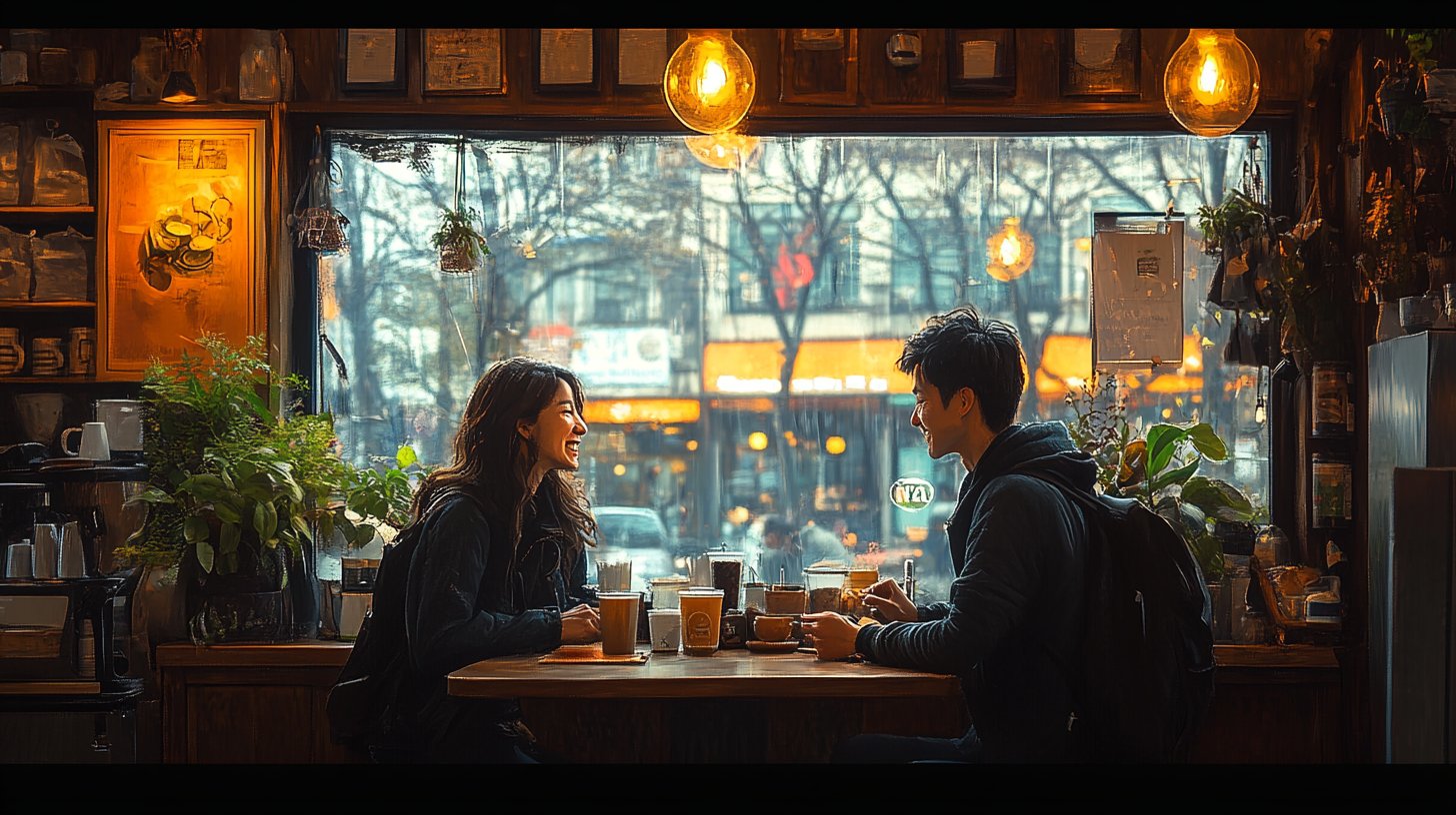 A cozy coffee shop where friends share gratitude and compliments.