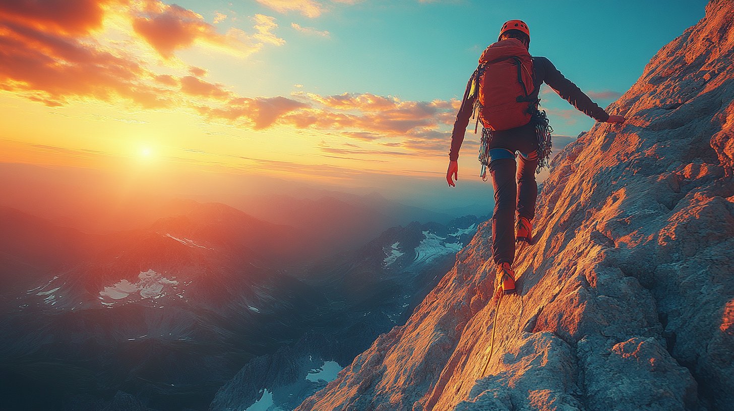An empowered person climbing a mountain, representing personal growth.