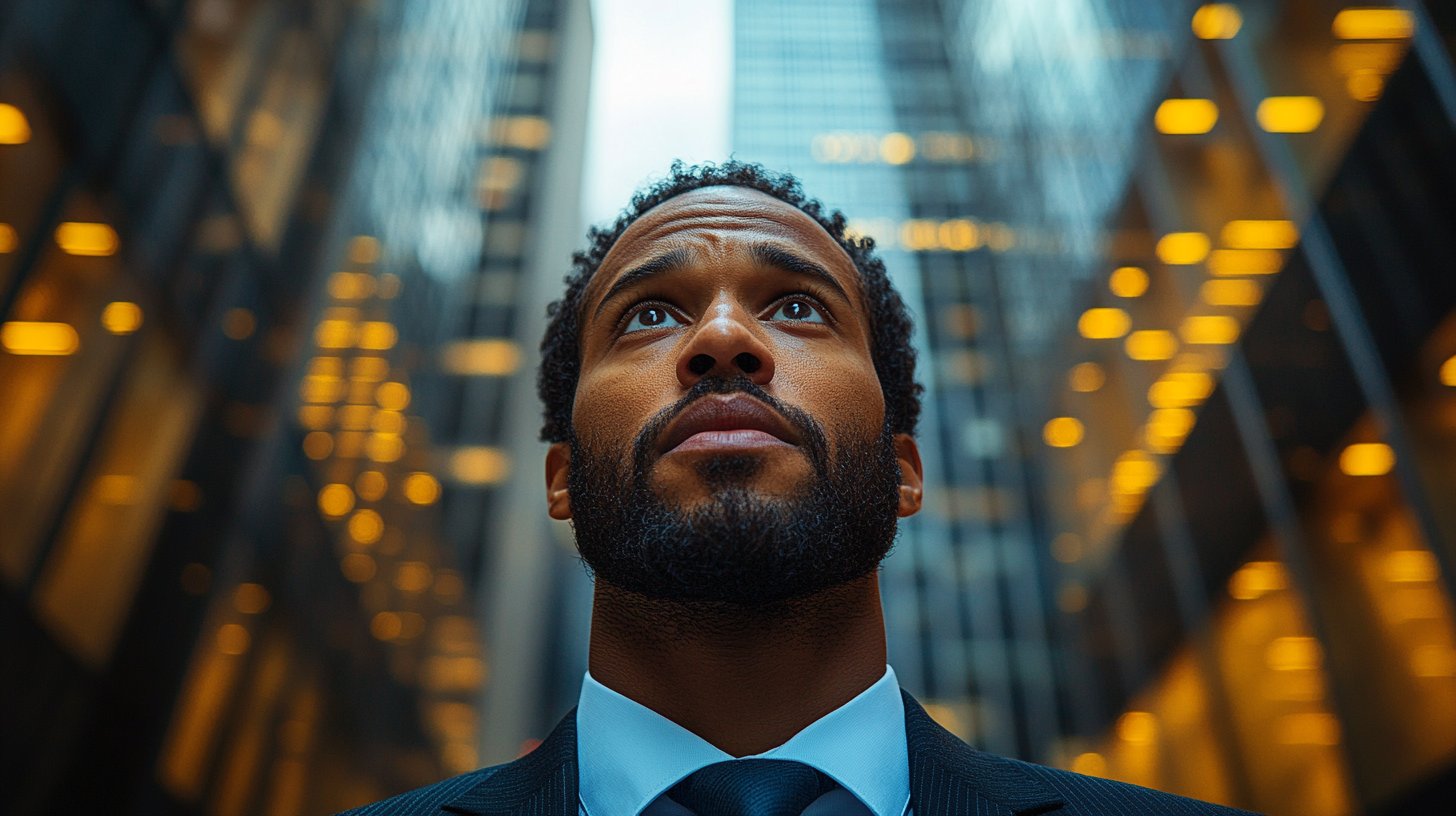 Un hombre de traje abrumado por la ciudad bulliciosa a su alrededor.