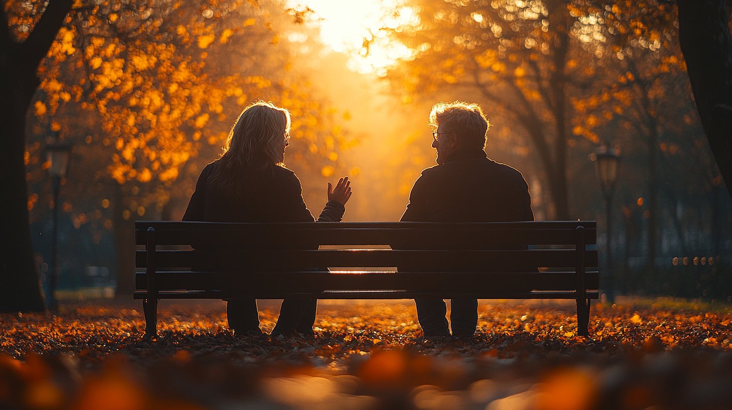 Dos personas compartiendo una conversación profunda en un banco del parque al sol.