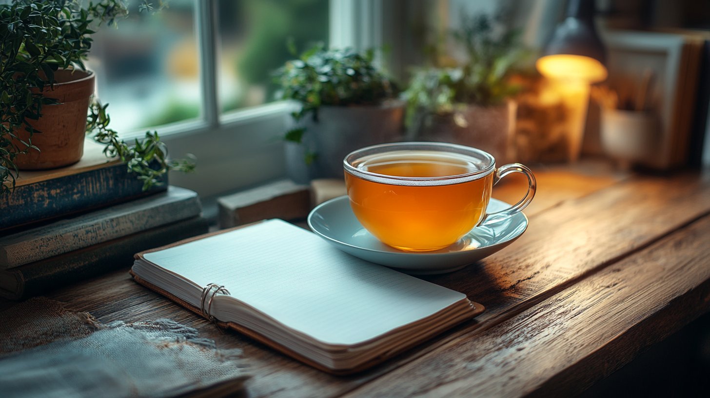 Primo piano di un diario e di una tazza di tè.