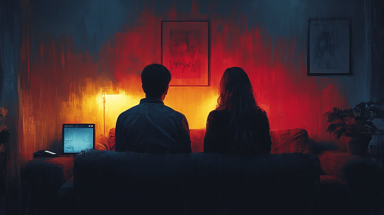 Una pareja sentada de espaldas en un sofá, desconectada.