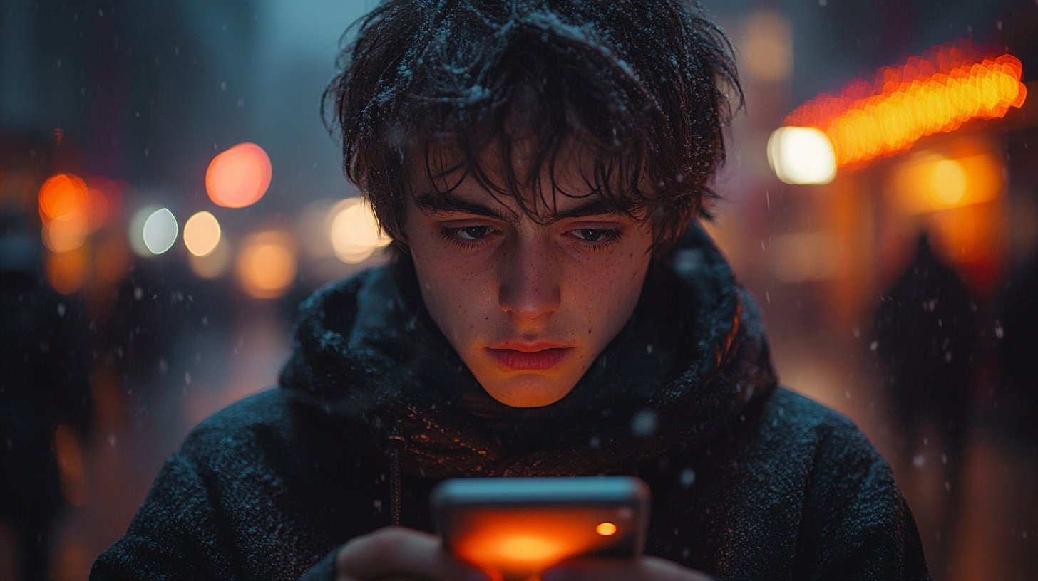 Eine frustrierte Person mit einem Handy, umgeben von Unschärfe, symbolisiert einseitige Kommunikation.