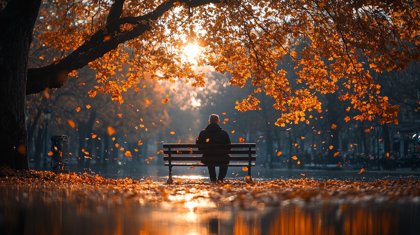 Eine einsame Figur auf einer Parkbank im Herbst, umgeben von fallenden Blättern, strahlt nachdenkliche Einsamkeit aus.