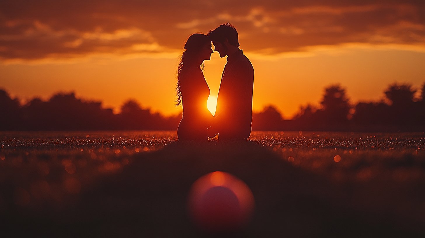 Ein warmer Sonnenuntergang erhellt zwei umarmende Silhouetten, die Harmonie ausstrahlen.