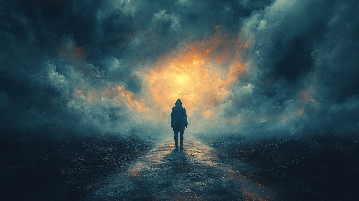 Eine einsame Figur an einem Wegpunkt unter stürmischen Wolken symbolisiert unerwiderte Gefühle.