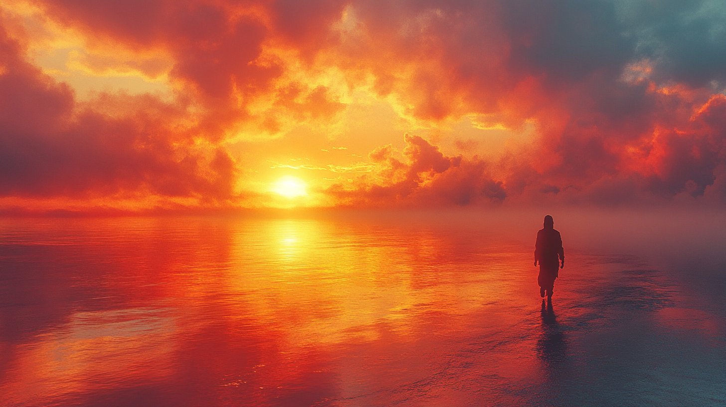 Eine Person geht von dunklen Wolken zu einem strahlenden Horizont, symbolisiert Hoffnung und Erneuerung.