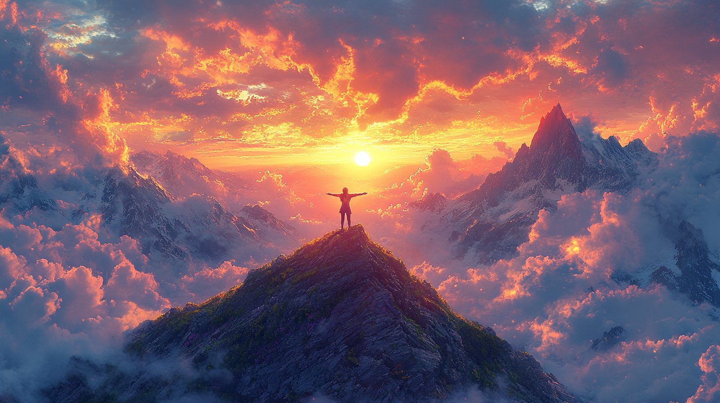 Eine Person auf einem Berggipfel, die sich selbst umarmt.
