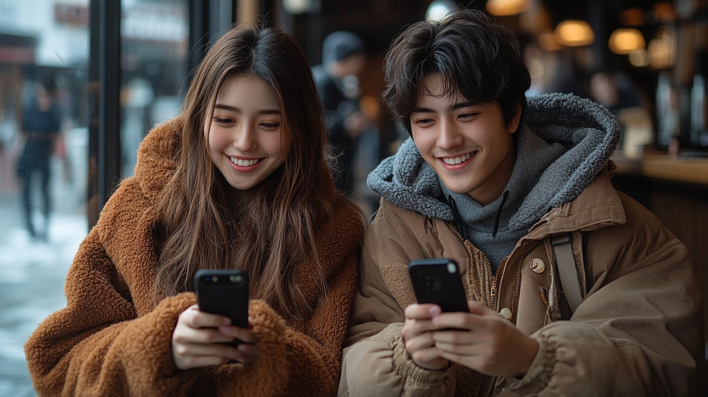 Zwei Personen texten in einem Café, anstatt miteinander zu sprechen.